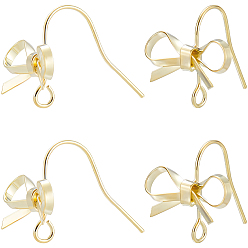 Настоящее золото 14K 20 шт латунные серьги крючки, с горизонтальной петлей, бантом, реальный 14 k позолоченный, 16.5x14x15 мм, отверстие : 2 мм, штифты : 0.7 мм