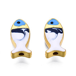 Прусский Синий Рейка покрытие сплава эмалевые бусины, без кадмия и без свинца, рыба, золотой свет, берлинская лазурь, 17x8x4.5 мм, отверстие : 1.8 мм