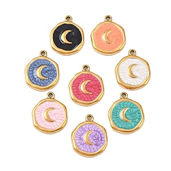 Луна 304 нержавеющей стальной эмали подвески, плоско-круглые, золотые, луна, 15.5~16.5x13.5x2.5 мм, отверстие : 1.2~1.4 мм