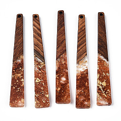 Шоколадный Большие подвески из прозрачной смолы и орехового дерева, золотой фольгой, трапециевидные подвески, цвет шоколада, 69.5x10x3.5 мм, отверстие : 2 мм