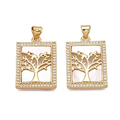 Настоящее золото 18K Латунные микропаве прозрачные подвески с фианитом, без кадмия и без свинца, с оболочкой, Подвески прямоугольник и дерево жизни, реальный 18 k позолоченный, 24x17x3 мм, отверстие : 5x3.5 мм