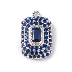 Blue Rack Plating Brass Micro Pave Cubic Zirconia Pendants, Rectangle Charm, Cadmium Free & Lead Free, Long-Lasting Plated, Platinum, Blue, 17x10x4mm, Hole: 1mm
