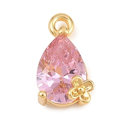 Pink Латунные микро проложить кубического циркония прелести, слезинка с цветочными подвесками, золотые, розовые, 13.5x8.5x5.5 мм, отверстие : 1.6 мм