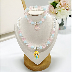 Русалка Ожерелье с подвеской из пластиковых бусин и браслет с подвесками из бусин, ребенок комплекты ювелирных изделий, русалка, 420 мм и 160 мм