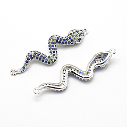 Real Platinum Plated Brass Micro Pave Grade AAA Cubic Zirconia Links, Cadmium Free & Nickel Free & Lead Free, Snake, Real Platinum Plated, 37x10x4mm, Hole: 1mm