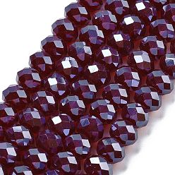 Dark Red Electroplate Transparent Glass Beads Strands, Half Gray Plated, Faceted, Rondelle, Dark Red, 10x7.5mm, Hole: 1.6mm, about 66pcs/strand, 19.29''(49cm)
