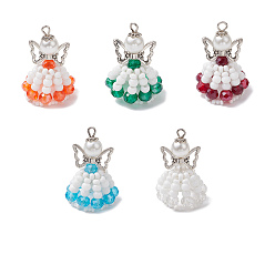 (52) Непрозрачная лаванда Подвески из бисера ручной работы, с эластичной нитью цвета античного серебра, Ткацкий станок, с бусиной-бабочкой из сплава и круглой бусиной из стеклянного жемчуга, ангел и фея, разноцветные, 37x22x24 мм, отверстие : 3 мм