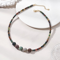 (RRHB277) Кристалл на подкладке из медово-бежевого цвета Круглые бусы из натурального индийского агата, градуированные по размеру., с 304 концевыми цепями из нержавеющей стали, золотые, 15.55 дюйм (39.5 см)