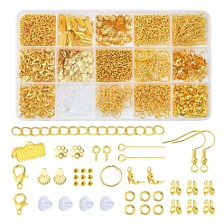 Golden DIY Jewelry Making Finding Kit, Including Iron Bead Tips & Chain Extender & Earring Hooks & Peg Bails & Eye Pin, Alloy Clasps, 304 Stainless Steel Pendants, Brass Jump Rings, Plastic Ear Nut, Golden, 1864Pcs/box