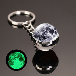 Black Luminous Glass Pendant Keychain, with Alloy Key Rings, Glow In The Dark, Round with Galaxy, Black, 8cm