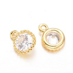 Golden Flat Round Brass Cubic Zirconia Charms, Golden, 10x8x4mm, Hole: 1mm