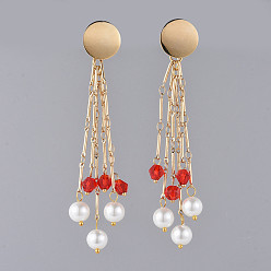 Red Long Tassel Earrings, Brass Dangle Stud Earrings, with Rhombus Glass, Glass Pearl Beads and Earring Backs/Ear Nuts, Golden, Red, 92mm, Pin: 0.7mm