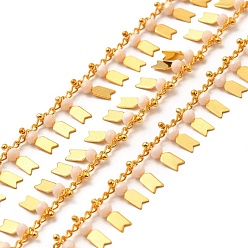 Pink Glass Beaded Arrow Charm Chains, with Real 18K Gold Plated Brass Rope Chains, Soldered, with Spool, Pink, 1.5mm