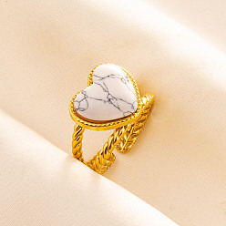 Говлит Регулируемые 304 манжеты из нержавеющей стали с открытыми кольцами для женщин, сердце, с естественным Howlite, золотые, 13 мм, внутренний диаметр: 17 мм