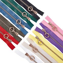 Mixed Color Nylon Garment Accessories, Zip-fastener Component Sets, Nylon and Brass Zipper & Alloy Zipper Puller, Light Gold, Mixed Color, 400~435x27x2mm, 10 colors, 1strand/color, 10strand/set