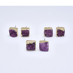 Purple Natural Dyed Druzy Quartz Stud Earrings, with Brass Findings, Square, Golden, Purple, 9~11x9~11x4~7mm, Pin: 0.7mm