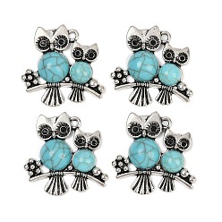 Античное Серебро Подвески из искусственной бирюзы из смолы, сова, Сплав с поиска, без кадмия и без свинца, античное серебро, 36.5x37x7.5 мм, отверстие : 2.5 мм
