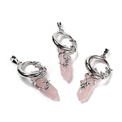 Розовый Кварц Естественно розового кварца отметил кулоны, экологически чистая латунная находка, платина, без кадмия и без свинца, пуля, 48x24.5x14 мм, отверстие : 7x5.5 мм