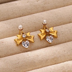 Прозрачный 304 серьги-гвоздики с бантом из нержавеющей стали с микропаве из кубических цирконий, с пластиковой имитационной жемчужиной, реальный 18 k позолоченный, прозрачные, 21x17 мм