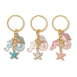 Mixed Color 3Pcs Alloy Enamel Keychain, with Iron Rings, Ocean Theme, Mixed Color, 68mm, 3pcs/set