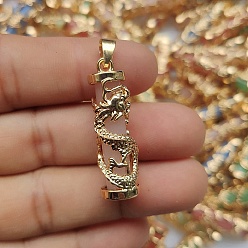 Misty Rose Synthetic Luminous Stone Column Pendants, Golden Plated Alloy Dragon Wrapped Charms, Misty Rose, 36x11mm