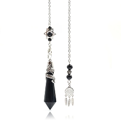 Black Agate Natural Dyed & Heated Black Agate Cone Dowsing Pendulum Big Pendants, with Meatl Woven Net/Web with Feather, Pendant: 68x16mm