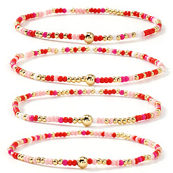 Разноцветный 4 Браслеты из богемского стеклянного бисера и латунных бусин, эластичные, для женщин, рондель, красочный, 6.50 дюйм (16.5 см)