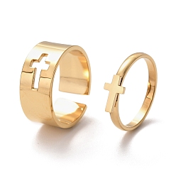 Золотой 304 комплекты перстней из нержавеющей стали, широкие манжеты и кольца на манжетах, пара колец на день святого валентина, крестик, золотые, размер США 6 3/4 (17.1 мм), размер США 8 (18.1 мм), 2 шт / комплект