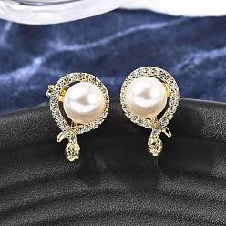 Золотой Серьги-гвоздики в форме змеи с круглыми латунными микропаве из прозрачных кубических цирконий, с пластиковой имитационной жемчужиной, стойки покрытие, без кадмия и без свинца, золотые, 17x11 мм