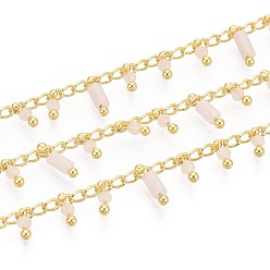 Розовый Кварц Латунь бордюр цепи, с натуральным розовым кварцем, пайки, с катушкой, долговечный, золотые, пайки, 8~9x2~2.5 мм
