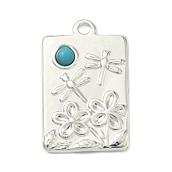 Rectangle Окрашенные синтетические бирюзовые подвески, с 304 установками из нержавеющей стали, серебряный цвет гальваническим, прямоугольные, 31x19.5x3.5 мм, отверстие : 3 мм