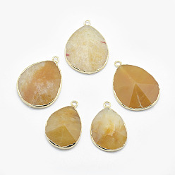 Нефрит Природного нефрита подвески, с латунной фурнитурой , граненые, слеза, золотые, 31~35x20~25x7~9 мм, отверстие : 2.5 мм