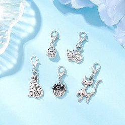 Античное Серебро 5 шт. подвесные украшения в виде котенка из сплава в тибетском стиле, Сплав с застежками когтя омара, кошка, античное серебро, 24~36.5 мм