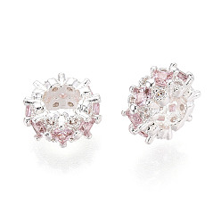 Посеребрённый Латунные микро проложить Цирконий Европейский бисером, бусины с большим отверстием, плоско-круглые, розовые, 925 серебро покрытием, 9x4.5 мм, отверстие : 4 мм