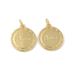 Настоящее золото 18K Латунные подвески, плоские круглые подвески с узором «слово amor», с целью перехода в кольце, долговечный, стойки покрытие, без свинца и без кадмия, реальный 18 k позолоченный, 17x15x2 мм, отверстие : 3.5 мм