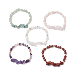 Mixed Stone Chip & Round Mixed Gemstone Beaded Stretch Bracelets for Women, Inner Diameter: 2-3/8 inch(6cm)