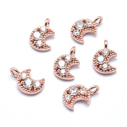 Розовый Позолоченный Латунь прелести, с кубического циркония, без кадмия, без никеля и без свинца, луна, прозрачные, Настоящее розовое золото покрыто, 11x7x3 мм, отверстие : 1.5 мм