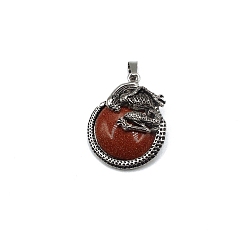Goldstone Synthetic Goldstone Pendants, with Alloy Finding, Flat Round with Skull Charms, 40x35mm