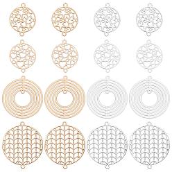 Mixed Color Brass Links Connectors, Etched Metal Embellishments, Long-Lasting Plated, Flat Round with Mixed Patterns, Mixed Color, 80pcs/box