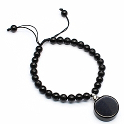 Обсидиан Браслеты из натурального обсидиана, плетеные из бисера, Плоские круглые браслеты с подвесками в виде флакона для духов с эфирным маслом, внутренний диаметр: 2-3/8 дюйм (6 см)