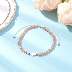 Солнечный Камень Женские плетеные браслеты из бусин из натурального солнечного камня, круглый и крест, внутренний диаметр: 2-1/8~3-3/8 дюйм (5.5~8.5 см)