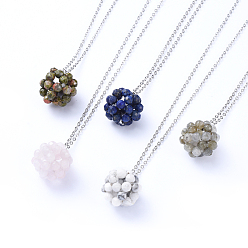 Mixed Stone Pendant Necklaces, with Handmade Natural Gemstone Woven Beads, Ball Cluster Beads and Brass Cable Chains, 18.30 inch(46.5cm)