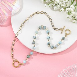Ларимар Ожерелья из натуральных круглых бусин ларимара, с двухцветными 304 цепочками из нержавеющей стали с текстурированными овальными звеньями, золотые и нержавеющая сталь цвет, 17.32 дюйм (44 см)