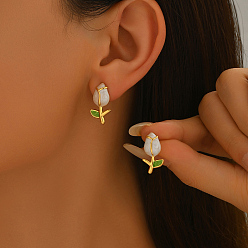 White 201 Stainless Steel Enamel Stud Earrings for Women, Tulip Flower, Golden, White, 21x11mm