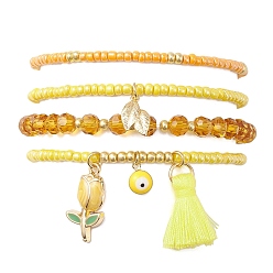 Желтый 4шт 4 стиль сглаза Валентина тема сплав эмаль и поликоттон (полиэстер хлопок) набор браслетов с кисточками и подвесками, стеклянные бисера браслеты простирания, желтые, внутренний диаметр: 2-1/8 дюйм (5.4 см), 1 шт / стиль