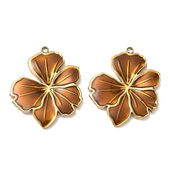 Chocolate 304 Stainless Steel with Enamel Pendants, Flower Charms, Ion Plating(IP), Real 18K Gold Plated, Chocolate, 32x26x2.5mm, Hole: 1.8mm