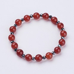 Karneol Stretch-Armbänder aus natürlichem Karneol (gefärbt und erhitzt)., Mit facettierten nichtmagnetischen synthetischen Hämatitperlen, 2-1/4 Zoll (57 mm)
