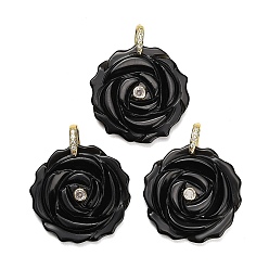 Obsidian Natural Obsidian Pendants, Flower Charms, with Brass Pave Cubic Zirconia Findings, Golden, 34.5~35x34~35x9mm, Hole: 6.5x9mm