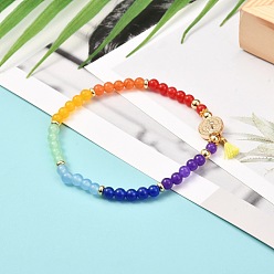 Colorful Reiki 7 Chakra Natural Mixed Stone Round Beads Stretch Bracelet for Girl Women, Flat Round with Cross and Tassel Charm Bracelet, Colorful, Inner Diameter: 2-1/8 inch(5.5cm)