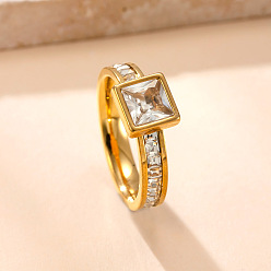 Квадрат 304 Кольца из нержавеющей стали с кристаллами и стразами, золотые, квадратный, размер США 7 (17.3 мм)